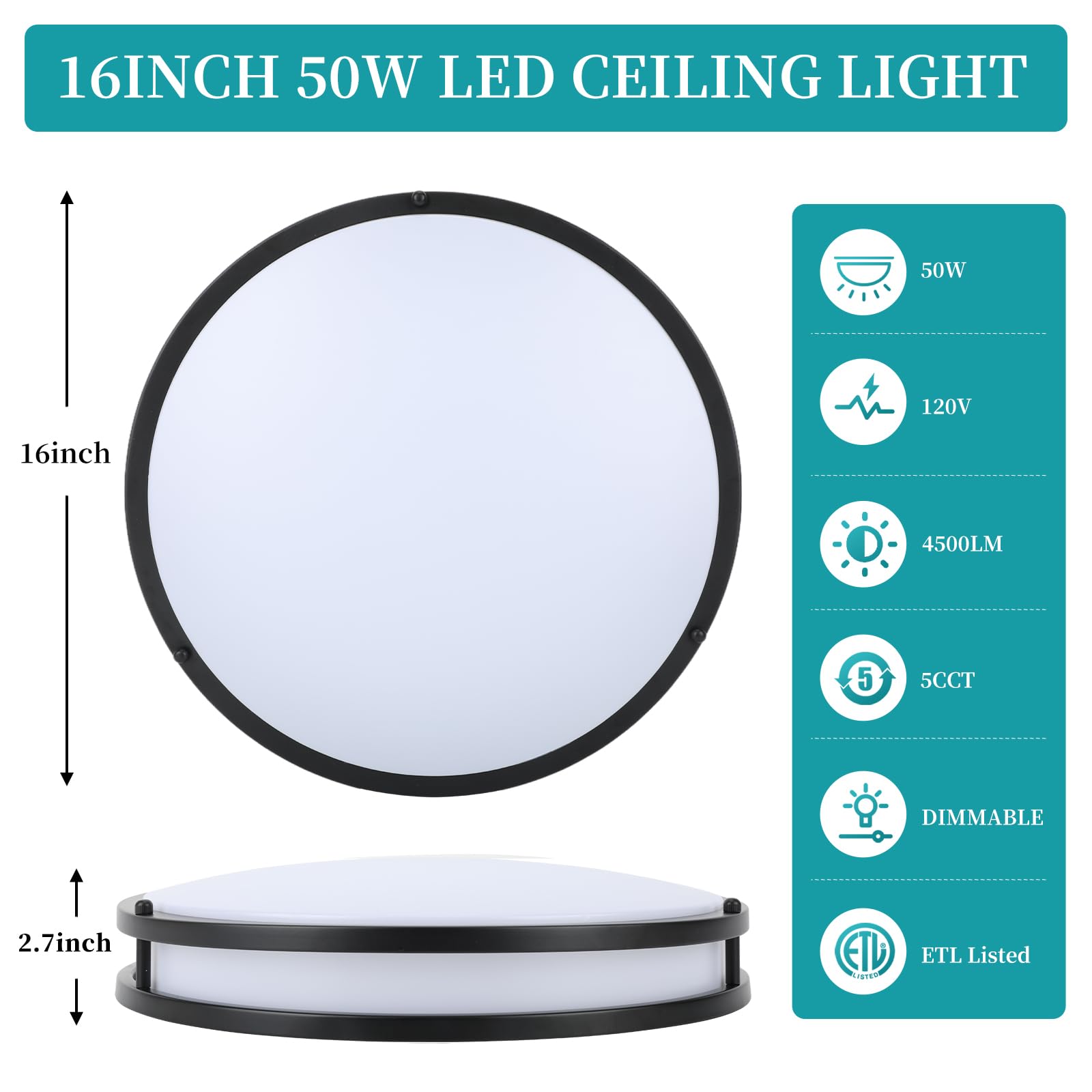 LED-Deckenleuchte, 40,6 cm, 5 CCT verstellbar, 2700 K, 3000 K, 4000 K, 5000 K, 6500 K, 4500 lm, nahe an der Deckenleuchte, für Küche, Flur, Bad, Küche, Schlafzimmer, 1 Stück