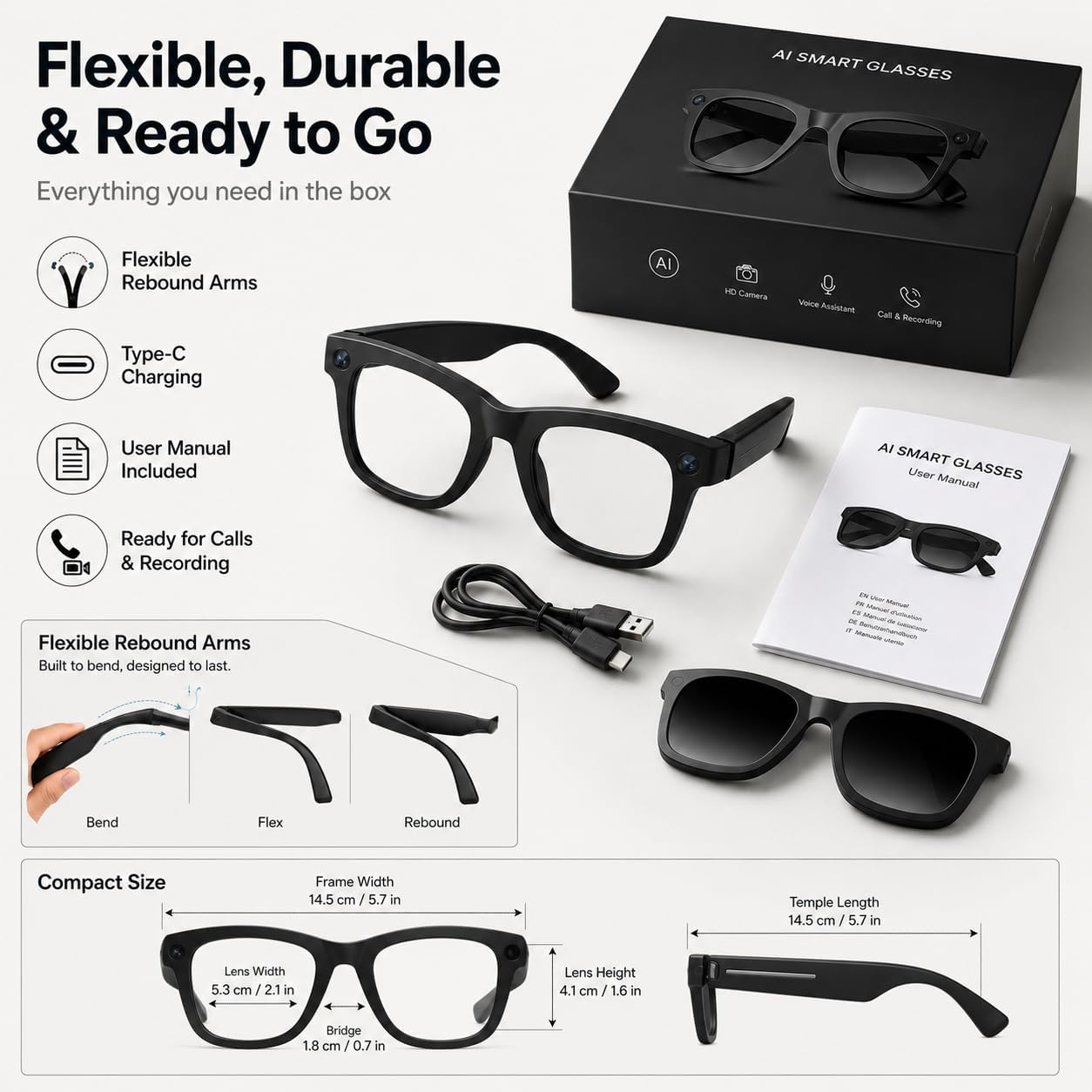 Men Women Teens AI Smart Glasses with HD Camera, Bluetooth Call&Music, Video Recording, Livestreaming, Real-Time Translation, Object Recognition, ChatGPT Voice Assistant, Replaceable Sunglasses Lenses