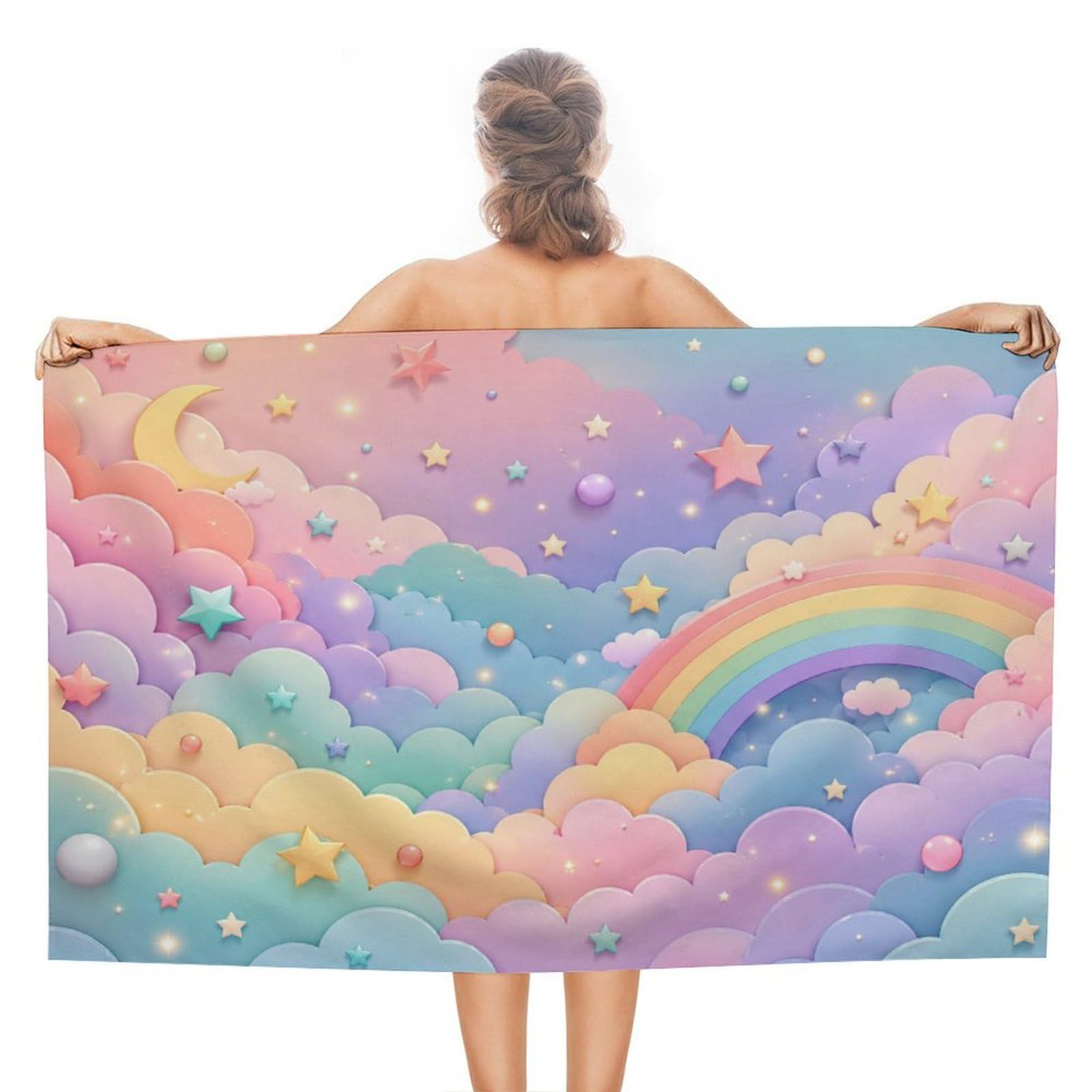 Anceky Pastel Clouds Rainbow Stars Moon Oversized Beach Towel Quick Dry Sand Free Microfiber Travel Towel Lightweight Multi Purpose Beach Blanket Pool Gym Bath Towel 51x31 in