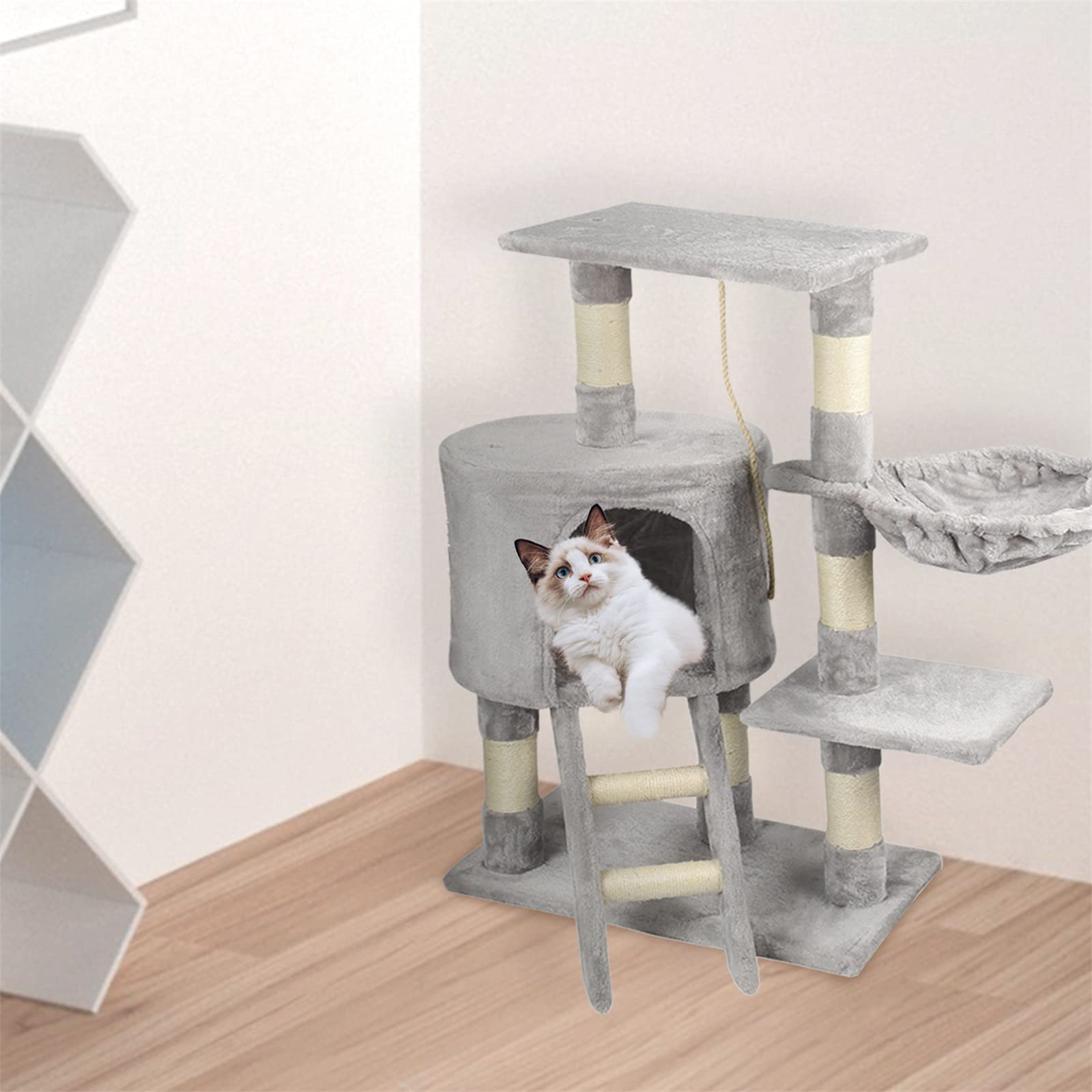 Árbol rascador para gatos, altura de 96 cm, con cuevas, superficies de descanso, escaleras y troncos de sisal, estable (C-gris)