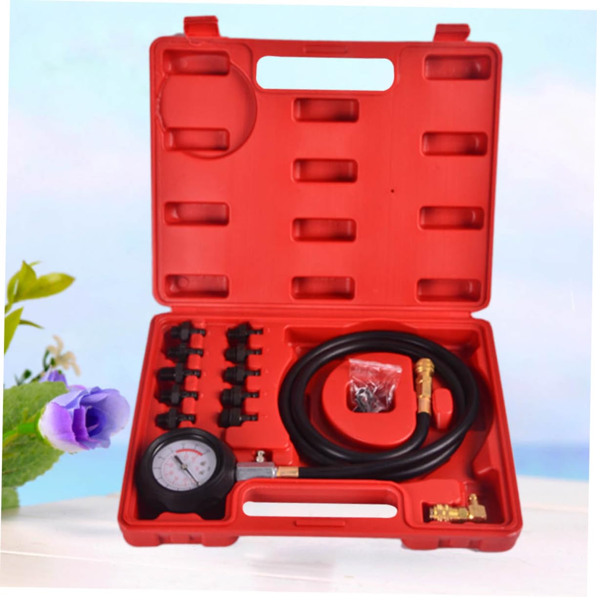 Manometro Pressione Olio Motore Auto, Kit Tester Rosso | Metallo e Plastica, Custodia Rigida Inclusa, Adattatore a 90 Gradi, Tubo e Raccordi per Motori Benzina