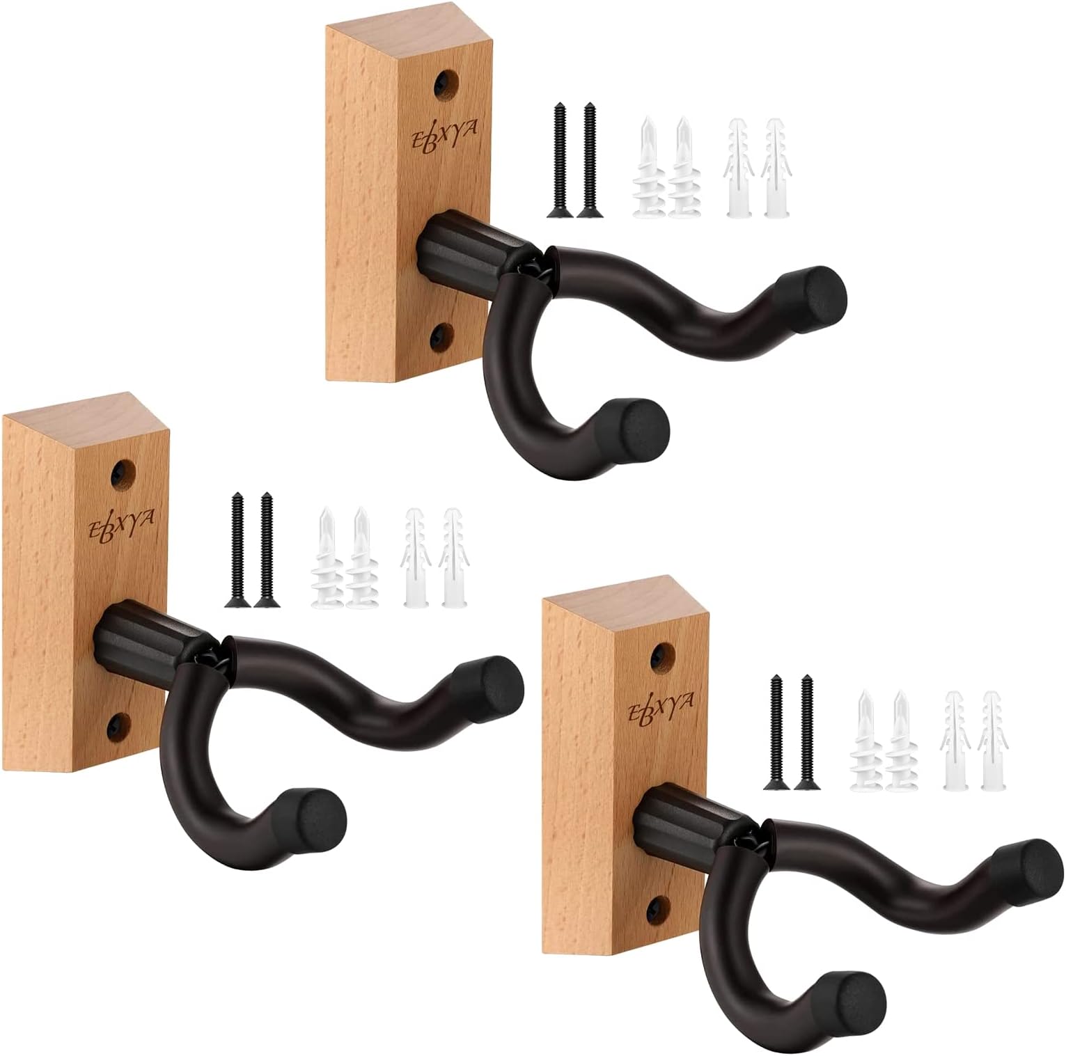 EBXYA Guitar Wall Mount Hanger, 3 Pack Guitar Hanger Wall Mount, Hardwood String Swing Guitar Wall Hanger Adjustable Guitar Holder Hook, Electric Guitar Wall Mount for Bass, Mandolin, Banjo, Ukulele