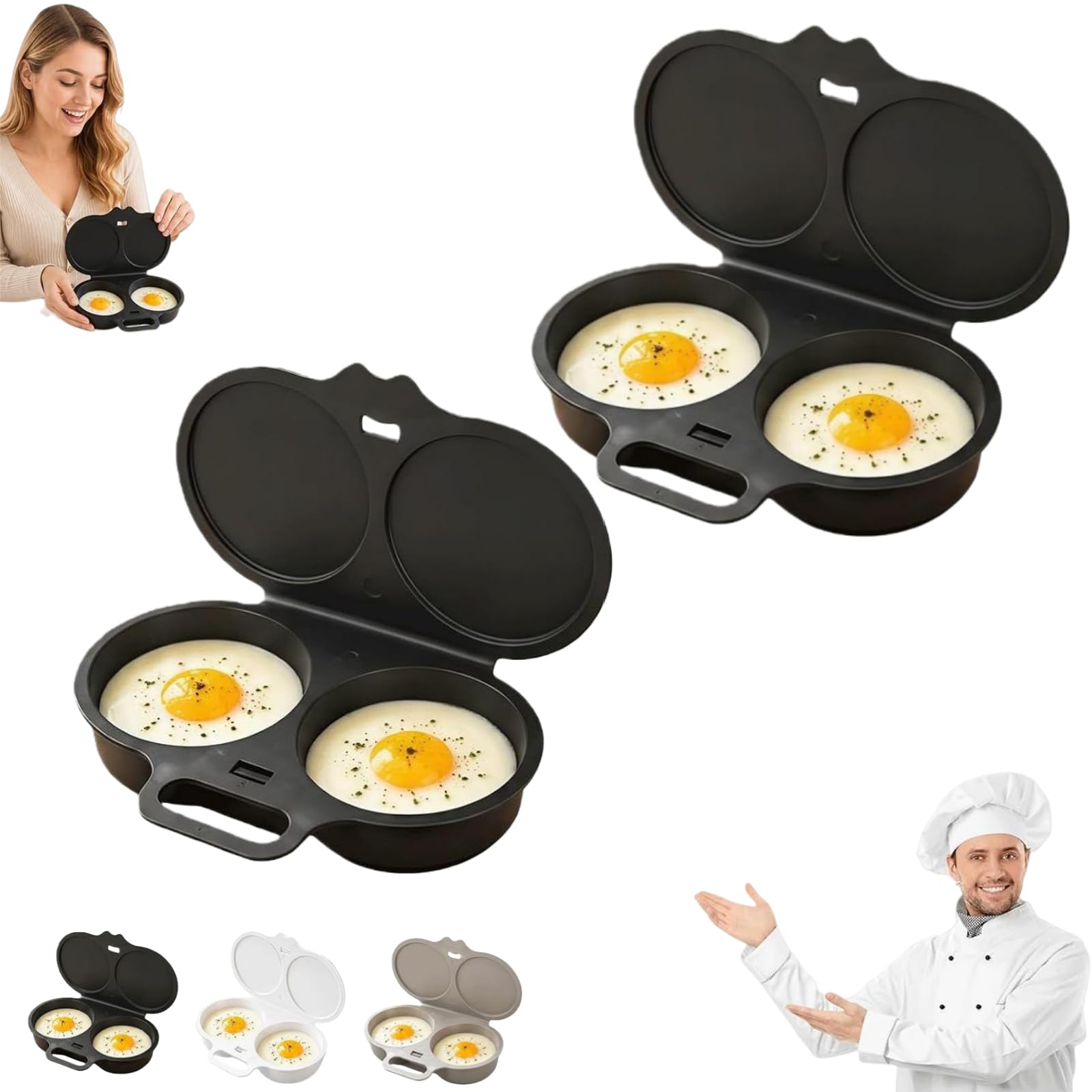 Dual Cavity Microwave Egg Poacher with Lid & Handle (2PCS-Black)