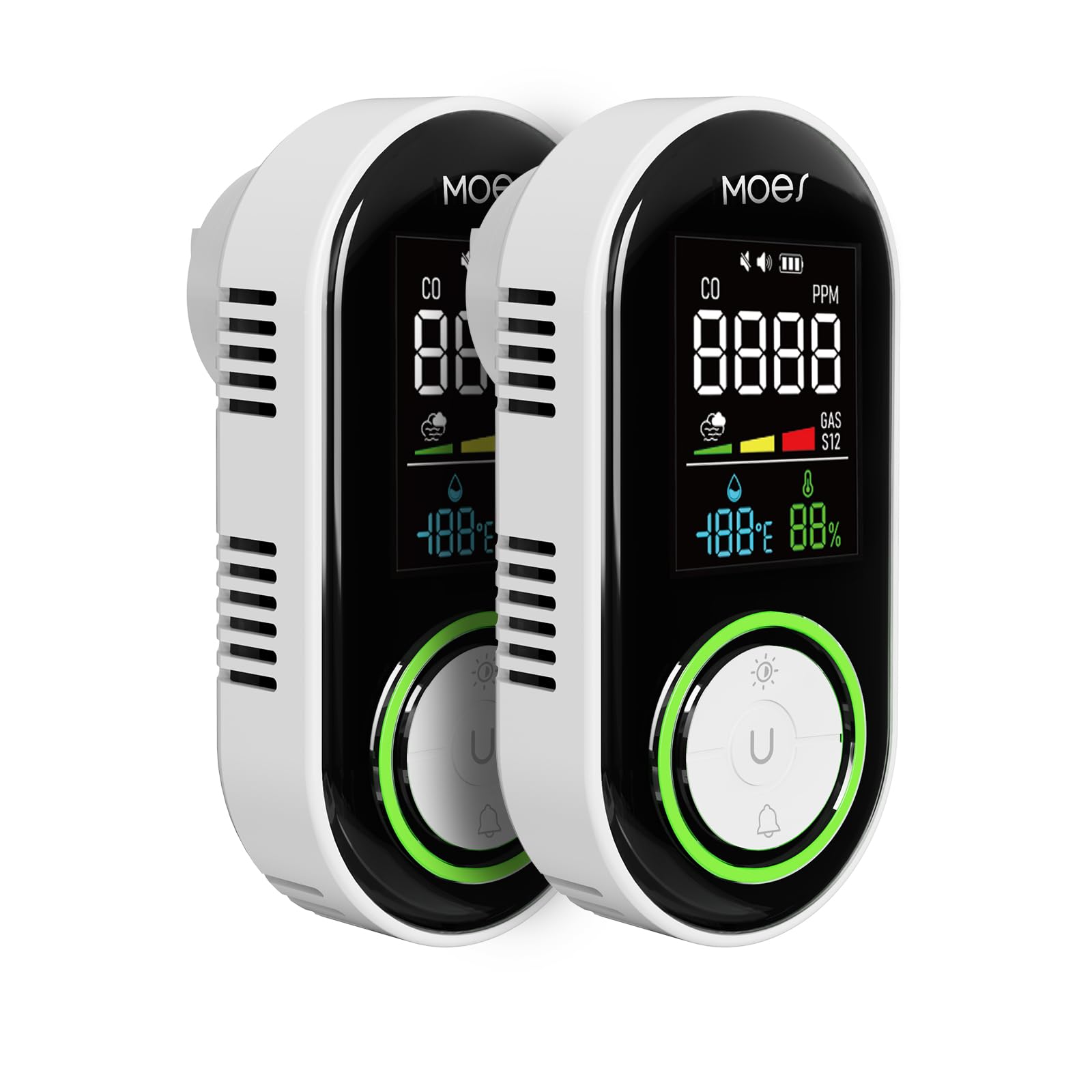 MOES CO & Gas Melder mit Display, Echtzeit-Überwachung von Kohlenmonoxid und brennbaren Gasen, Temperatur- & Feuchtigkeitsanzeige, 3-Farben-LED, einstellbare Helligkeit, integrierter Akku