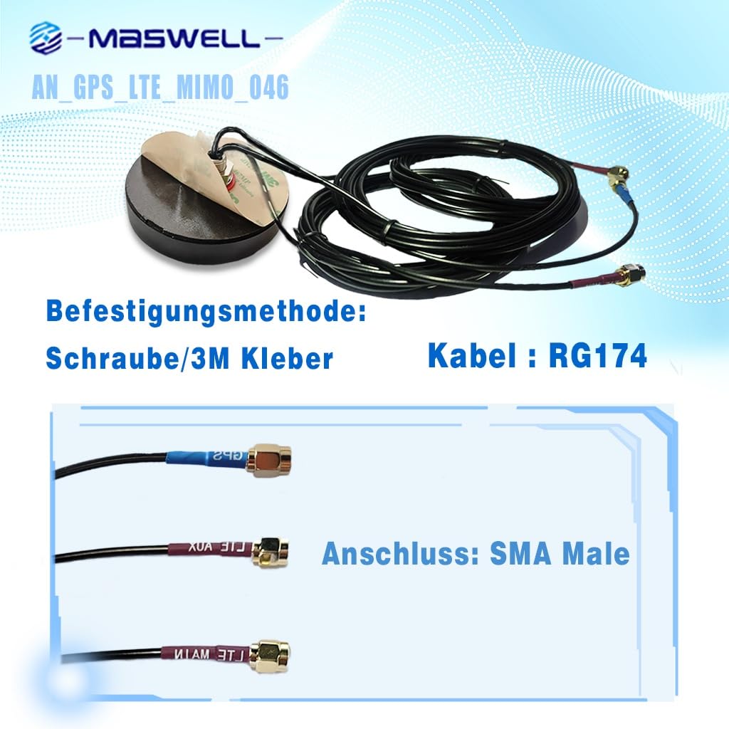 Maswell Antenna GPS 4G, MIMO 700-2700 MHz SMA maschio 2 dBi per veicoli domestici e uffici, roulotte, camper, barche, basso profitto, non per concorrenza di velocità