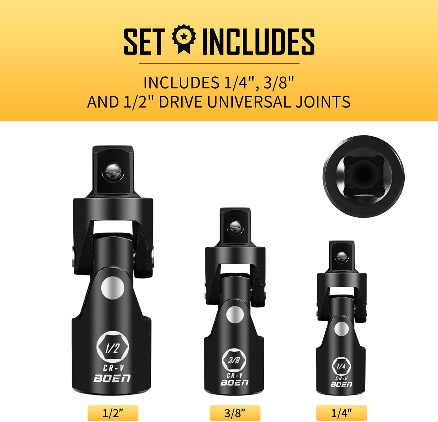 BOEN Universal Joint Socket Adapter Set | 3-Piece Ball Spring Design 1/2", 3/8", and 1/4" U-Joint Drive | Chrome Vanadium Steel Universal Joint Set
