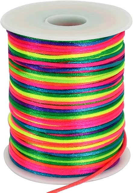 TONIFUL 2mm x 110 Yards Rainbow Mixed Color Nylon Cord Satin String for Bracelet Jewelry Making Rattail Macrame Waxed Trim Cord Necklace Bulk Beading Thread Kumihimo Chinese Knot Craft