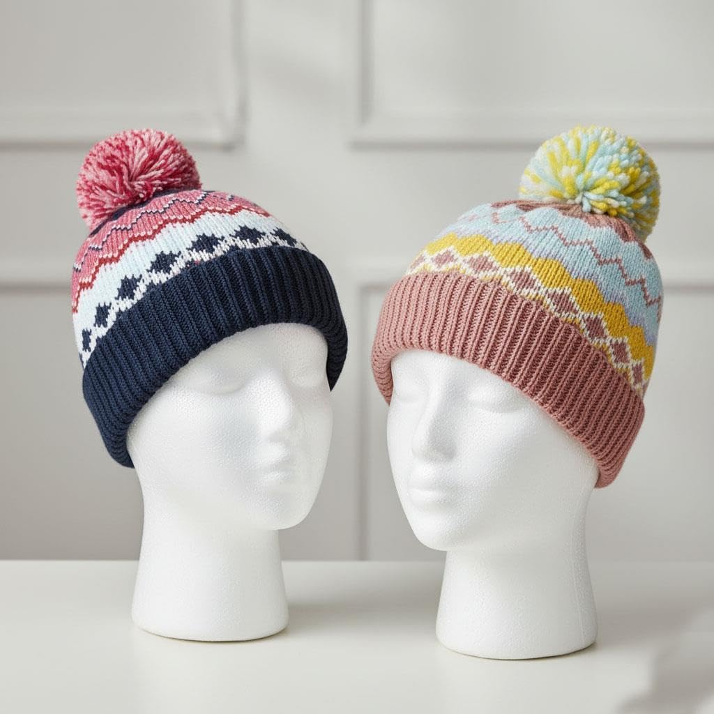Kids Girls Hats Pack of 2 Nordic Stripe Bobble Beanie Girls Pom Pom Beanie Hats Lightweight Thick Slouchy Snow Knit Warm Hats