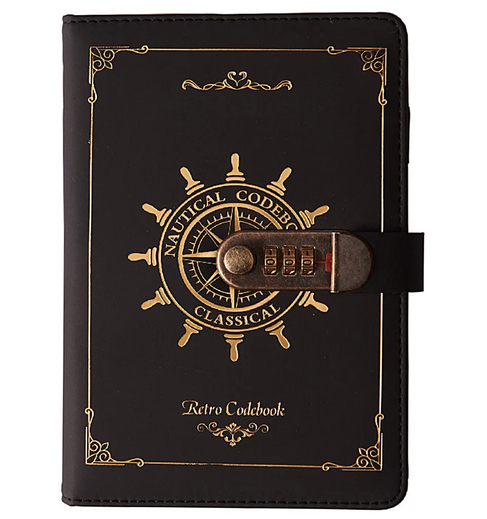 A5 Vintage Lockable Journal with Rudder Design, 120 Sheets Secret Notebook Travel Diary, PU Leather Writing Notepad with Pen Holder&Card Slots, Personal Sketchbook Birthday Gift, 210x145mm