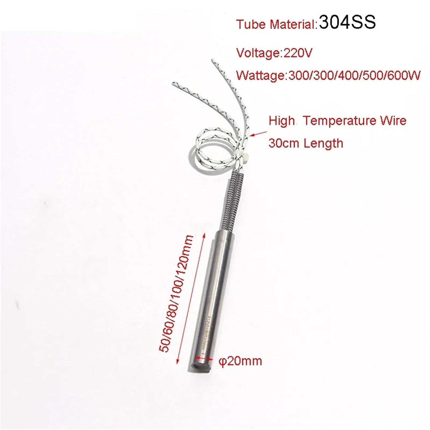110V/220V/380V Cartridge Tubular Heater Rod 300-600W Heating Element with K Type Thermocouple 20x50-120mm 5Pcs(Thermocouple,110V_20X120MM 600W)