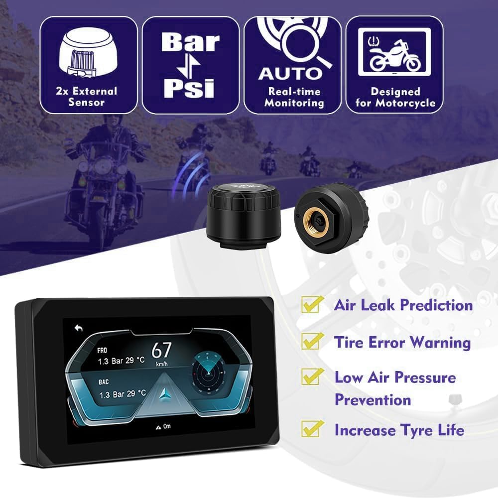 Dashcam per moto VSYSTO, 5,0 pollici, impermeabile, touchscreen per auto e Android con doppia telecamera anteriore e posteriore 150°, 1080P, visione notturna, navigazione GPS, telecomando (CS5-Pro)