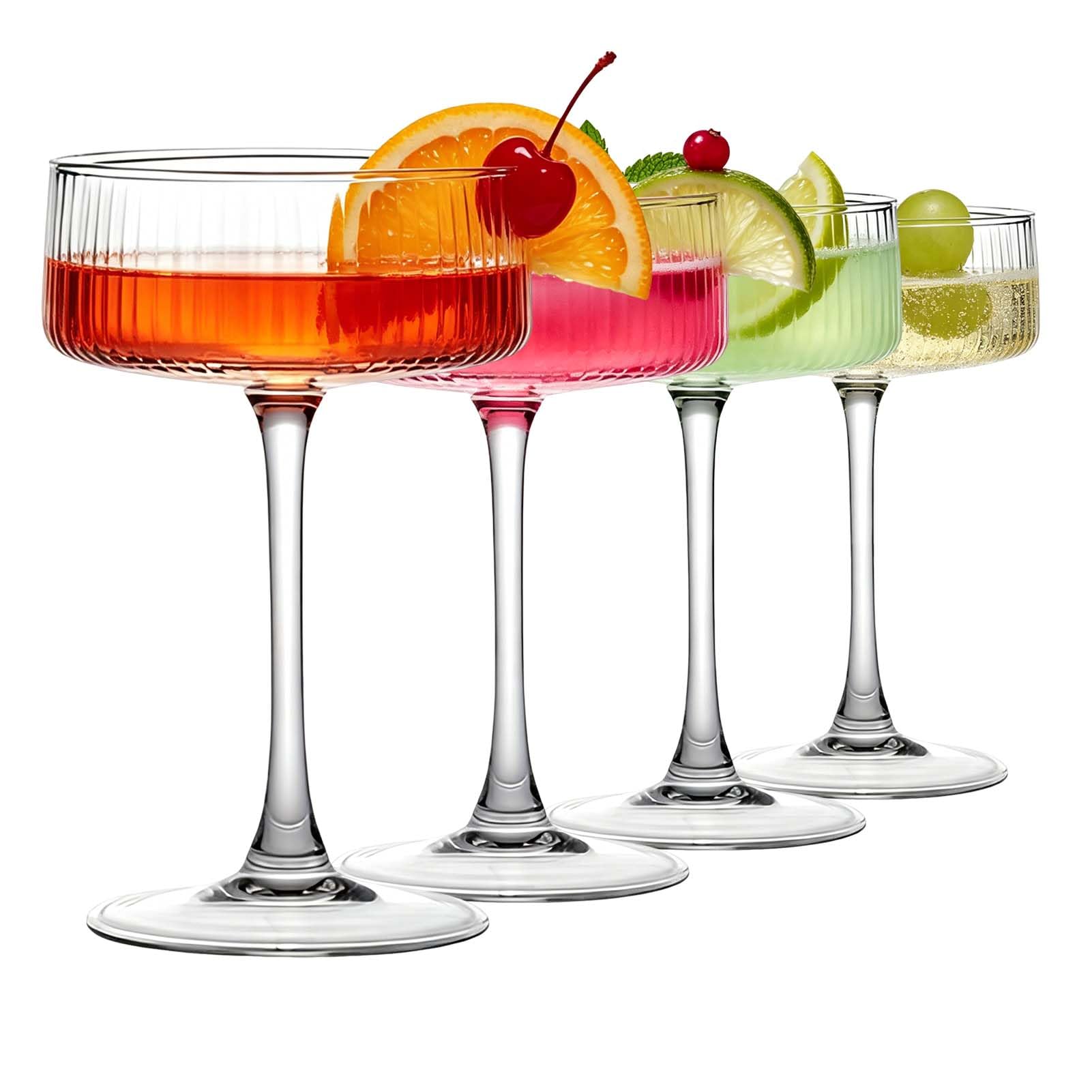 Set mit 4 Martini-Gläsern, 265 ml, geriffelt, Vintage-Martini-Gläser, klassische Cocktail-Gläser, Bar-Getränke, perfekt für Cocktails, Wein, Champagner