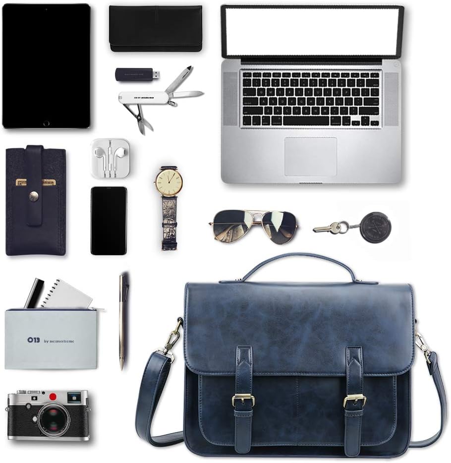 ECOSUSI Messenger Bag PU Leather Laptop Briefcase 14 inch Computer Shoulder Satchel Bag Women Men, Blue