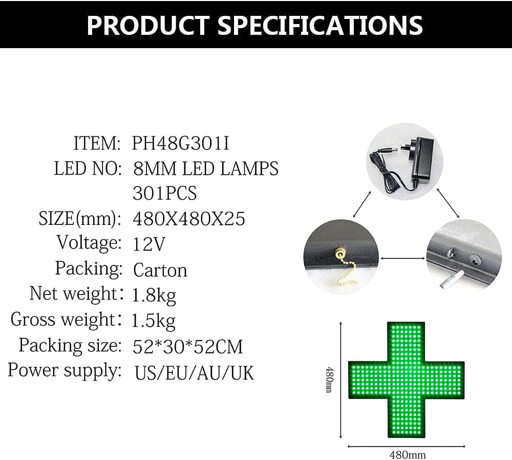 LED Medical Cross Sign for Business, Super Bright LED Open Sign for Pharmacy, Electric Advertising Display Sign for Drug Store Business Shop Store Window Home Decor. (19" x 19", PH-1)