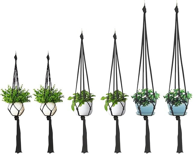 Macrame plant hanger, 6 Pack Black Indoor Outdoor Hanging Planter Flower Pot Basket Hanging Cotton Rope Handmade Wall Hanging Plant Holders (60cm *2, 80CM *2, 100cm*2)