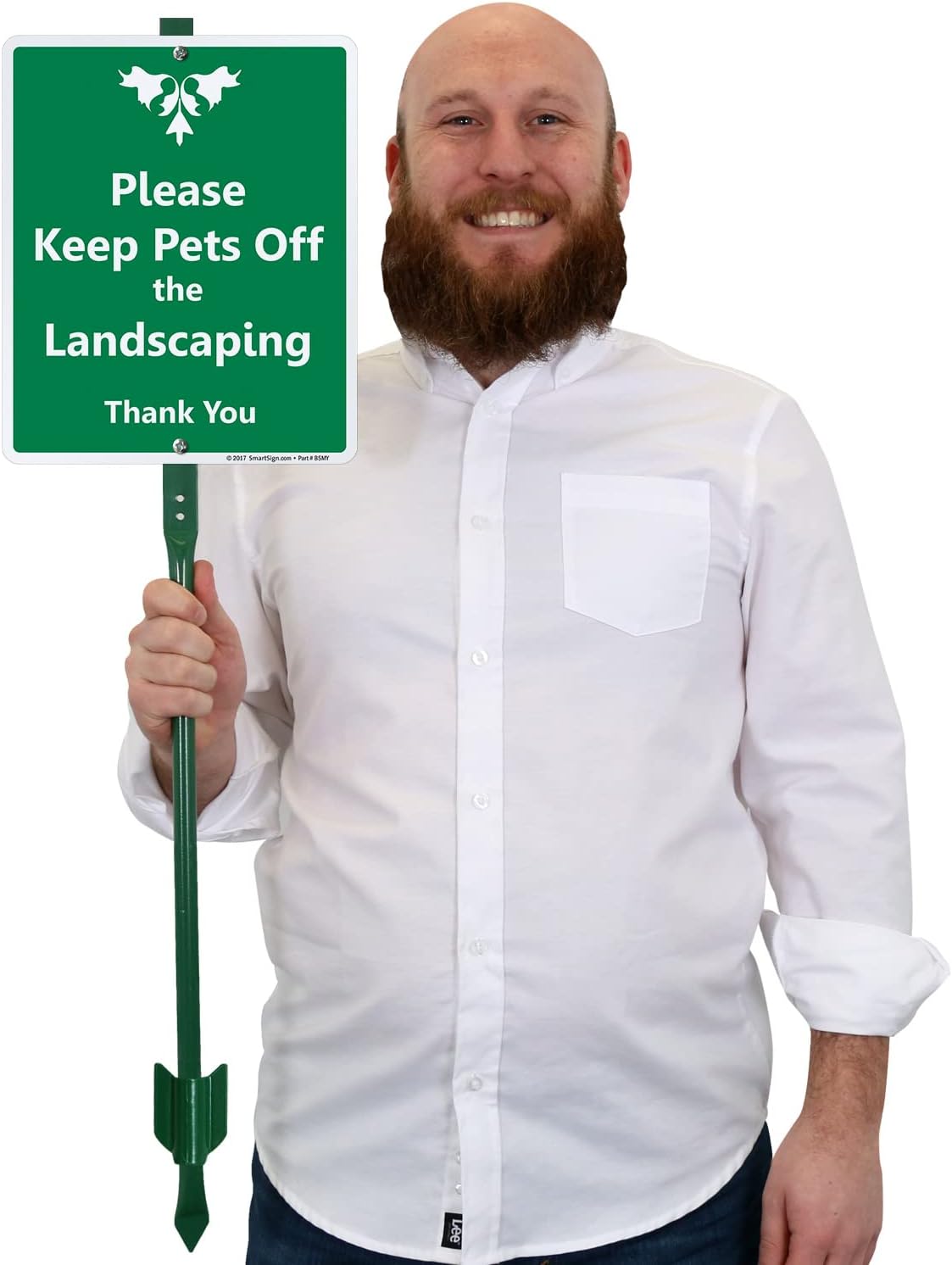 SmartSign 12 x 10 inch “Please Keep Pets Off The Landscaping - Thank You” LawnBoss Yard Sign with 3 foot Stake, 40 mil Laminated Rustproof Aluminum, White and Green, Set of 1, Made in USA