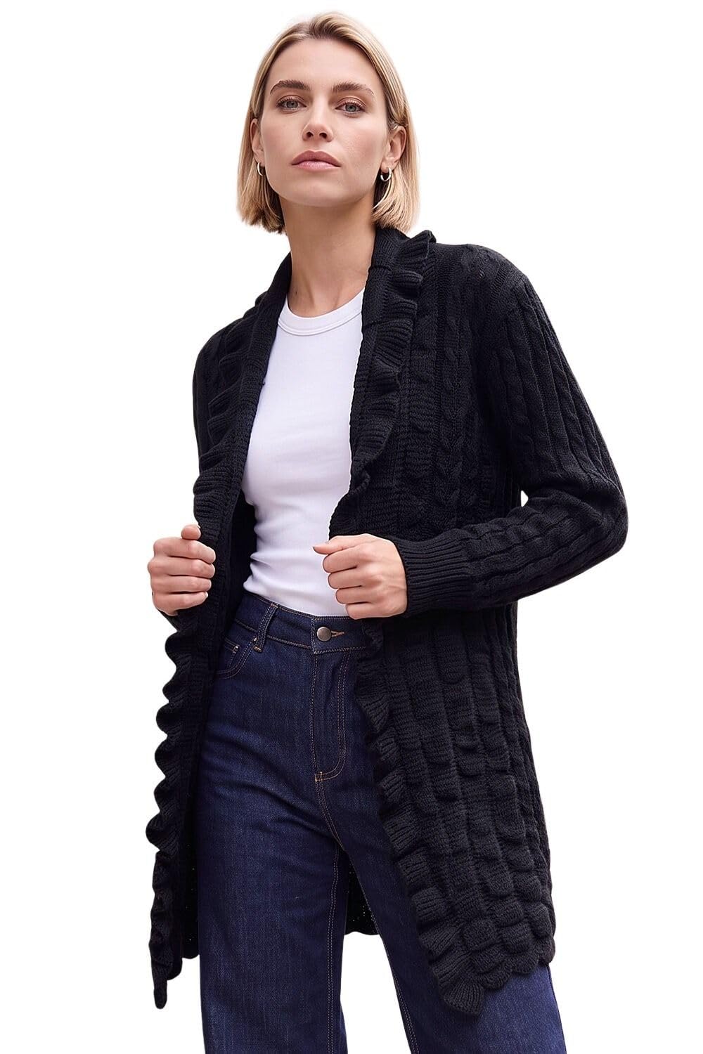 Roman Originals Longline Ruffle Detail Cardigan for Women UK - Ladies Everyday Autumn Winter Comfy Soft Evening Vacation Work Party Night Out