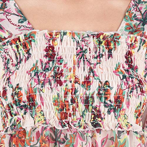Image of POPWINGS Printed Chiffon Peplum Tops for Women || 3 /4th Sleeves Square Neck Women Tops for Summer || Stylish Western Smocking Women Tops