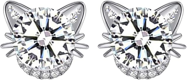 MixiuEuro Women Girls Cat Stud Earrings 925 Sterling Silver Cubic Zirconia Cat Heart love Stud Earrings Jewellery Gift For Girls Child