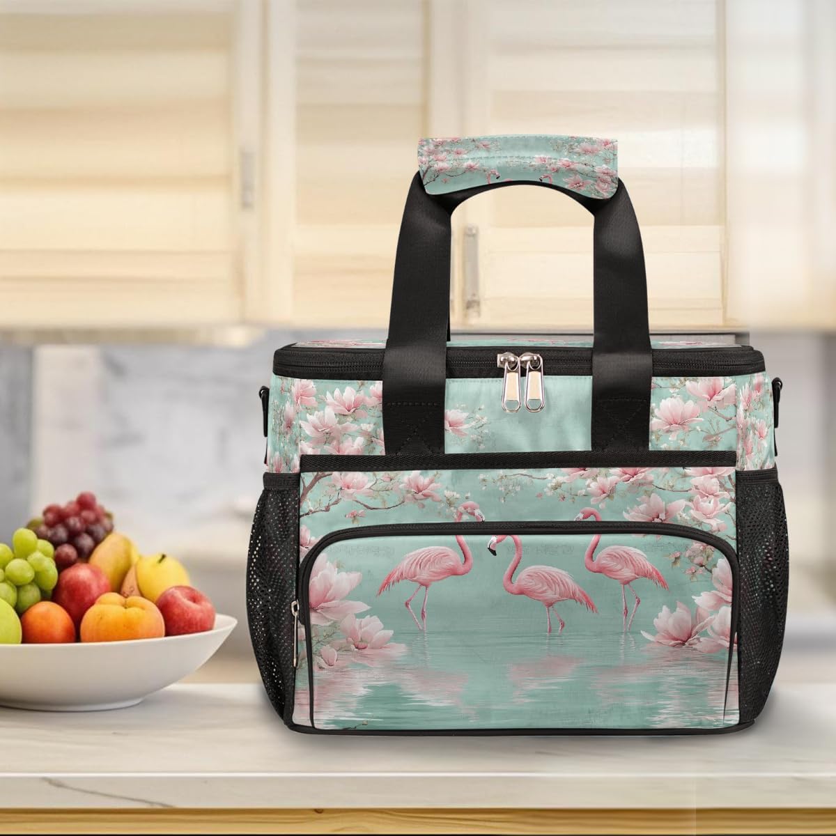 Large Lunch Box for Women Men Insulated Thermal Lunch Tote Bag Spring Pink Floral Flamingos Reusable Cooler Bag Portable Adult Lunchbox Container with Adjustable Strap for Work Picnic