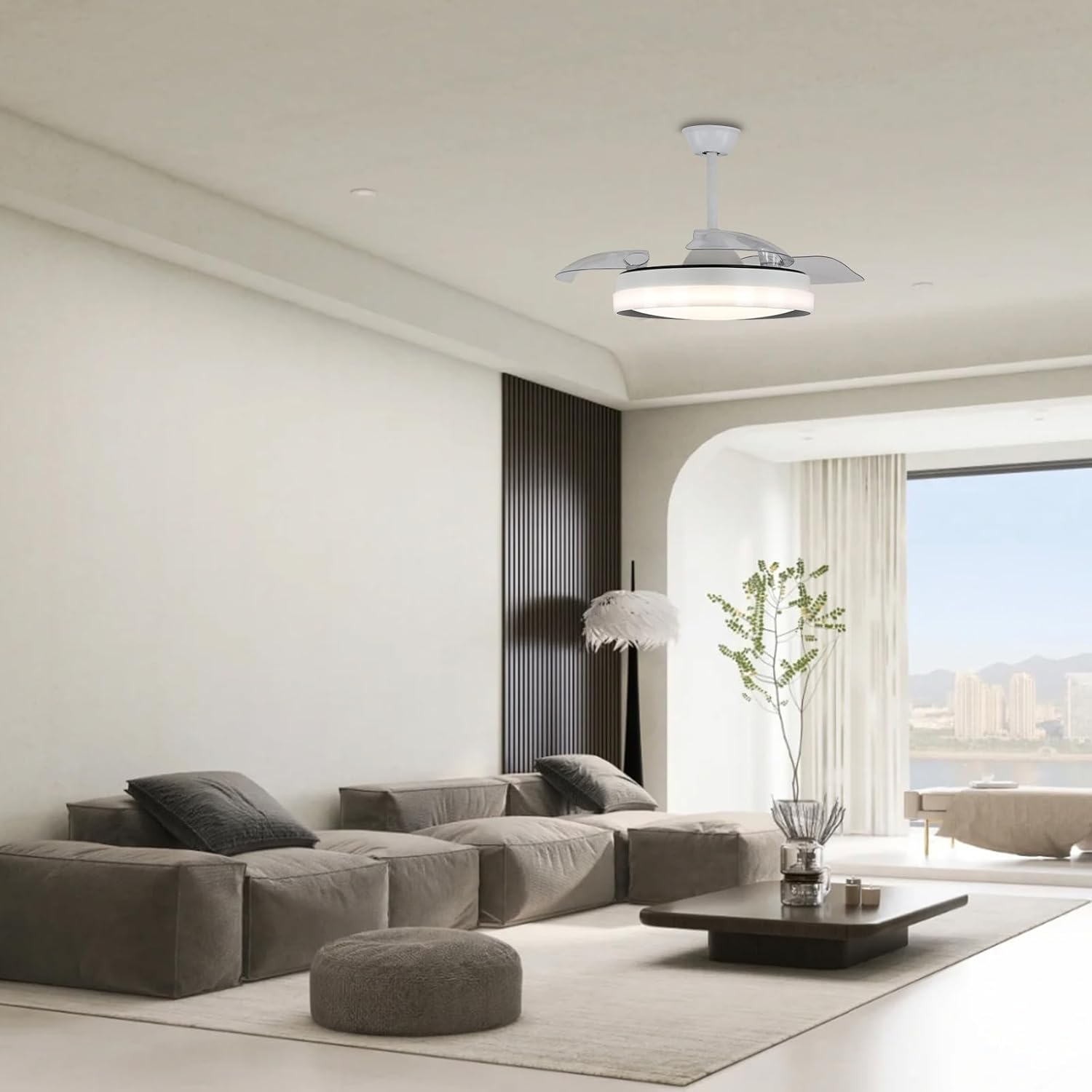 42" Dimmable Fandelier Modern Ceiling Fans with Lights and Remote,3 Color 6 Speed Round Retractable Ceiling Fan for Bedroom Living Room Dining Room(White)