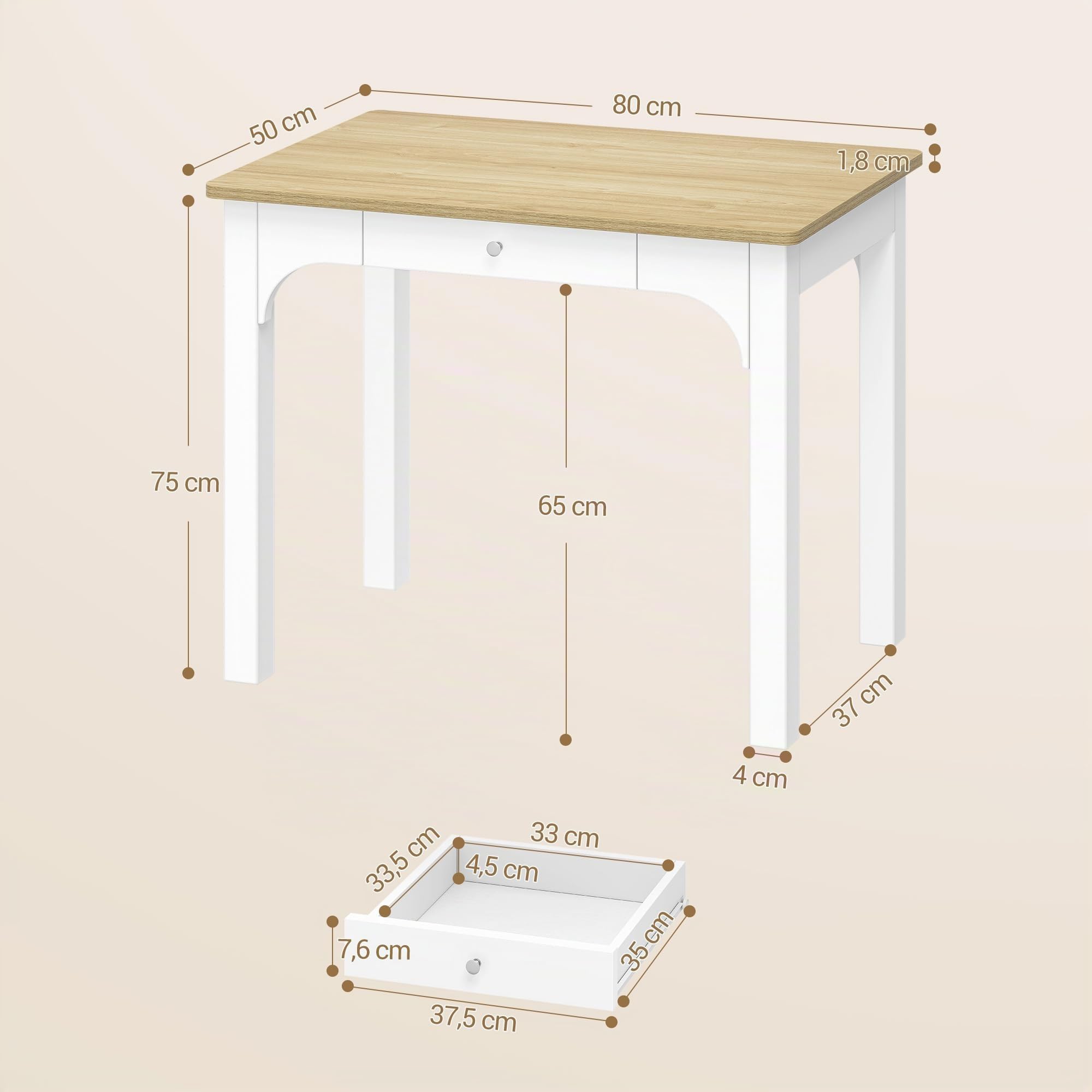 Hzuaneri Mesa de Comedor en Tono Madera, 50 x 80 x 75 cm, Blanco | Mesa de Cocina con Cajones, Tablero de 18 mm de Grosor, Cuadrada, Patas de Madera Maciza, Capacidad para 4 Personas, KT10003X