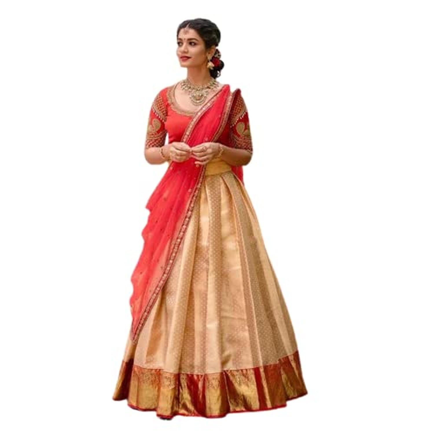 Women's Unstitched Indian Traditional Kanjivaram Silk Pure Zari Lehenga Choli Set Half Saree.