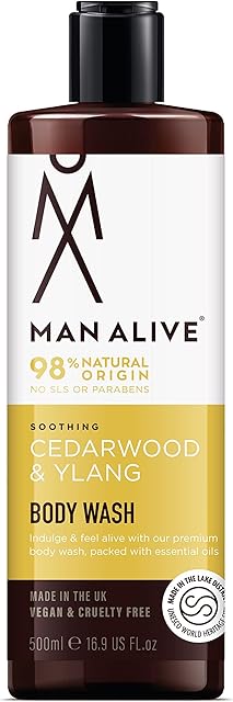 MAN ALIVE Shower Gel for men, 500ml mens body wash & face wash contains a masculine scent, Vegan, SLS Free & sulfate free formula. ideal mens grooming gifts for men (Cedarwood & Ylang, Single)