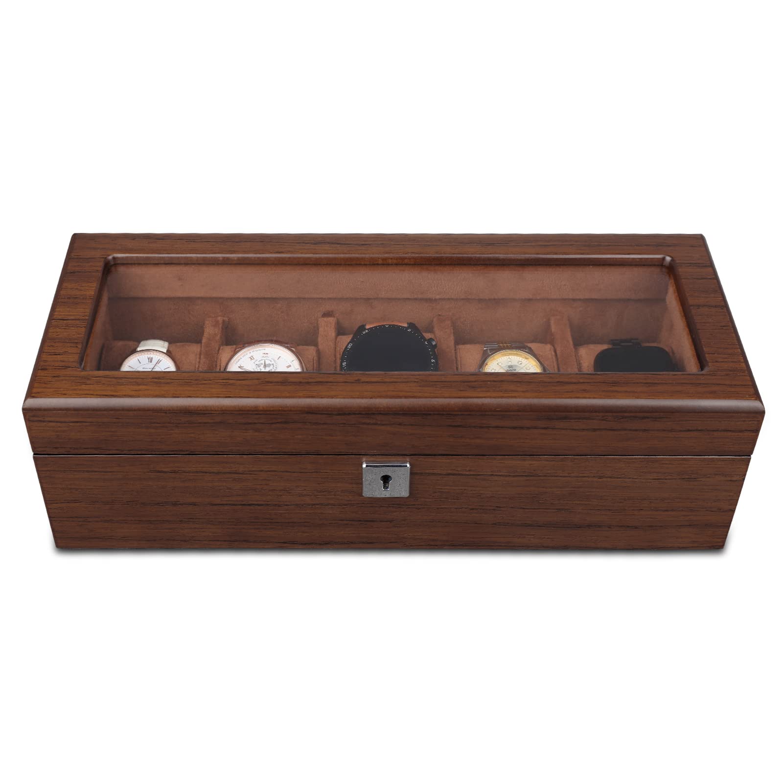 Boîte à Montres en Bois à 5 Grille avec Couvercle en Verre, Boîte à Montres avec 5 Supports de Montre Amovibles, Organisateur de Rangement pour Montre Cadeau pour Homme Fille