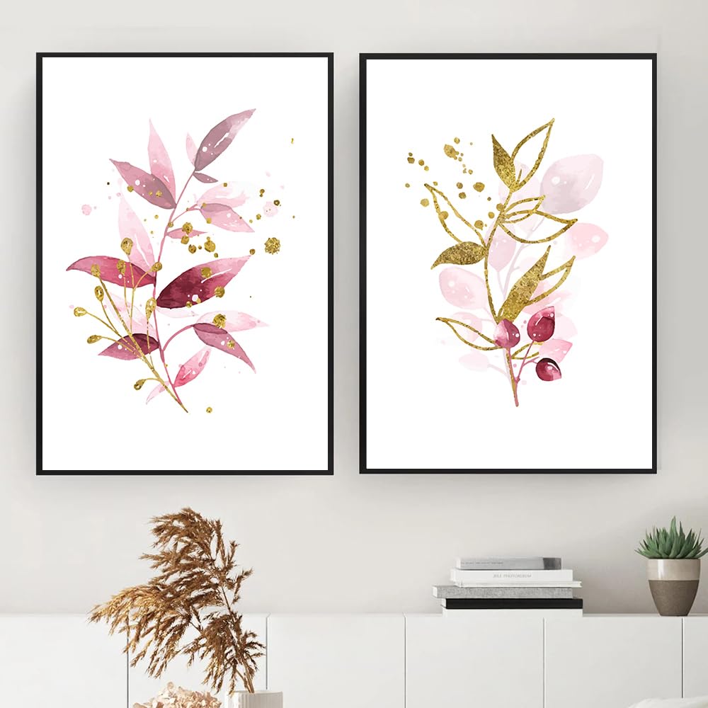 Wuhbcz Multicolored Pictures,Modern Red Plants Gold Watercolor Leaves Botanical Canvas Painting Home Wall Art Poster Pictures Canvas Painting For Living Room Decor-40 * 60Cm*2Pcs (No Frame)