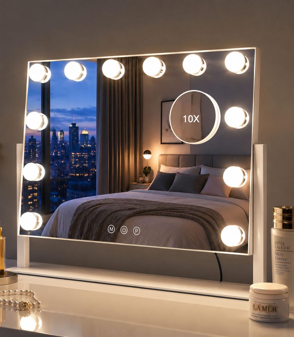 Kottova Lustro kosmetyczne ze światłami, lusterko do makijażu LED 38 x 30 cm, podświetlane lusterko do makijażu z 10-krotnym lusterkiem punktowym, Smart Touch, 3 kolory, możliwość ściemniania, obrót o
