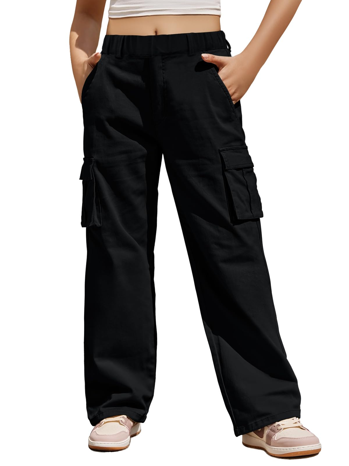 Haloumoning Girls Cargo Pants Casual Baggy Wide Leg Elastic Waist Jogger Trousers with Pockets 5-14 Years