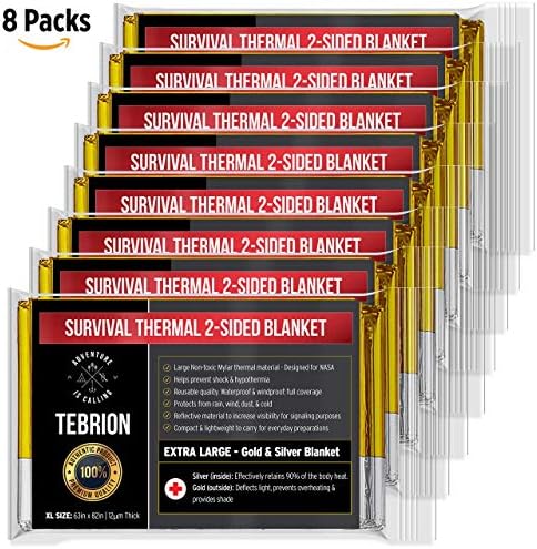 Tebrion Emergency Foil Authentic Mylar Thermal Blankets (XL-Size 63"x82") 8-Pack/12-Pack - Designed for NASA - Perfect for Emergency First Aid Kit, Bug Out Bag, Survival, Hiking, Auto, or Outdoors (8)