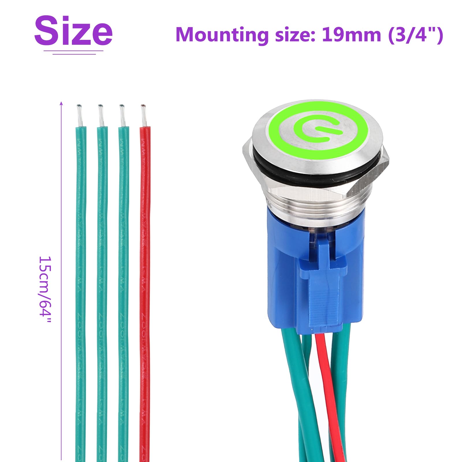 DMiotech 1 Pcs 19mm / 3/4" Stainless Steel Latching Push Button Switch 1NO 15A 12-24V Silver Button Green Button Lamp with Socket Plug with Wire for Car Boat Systems Custom Setups - Image 4
