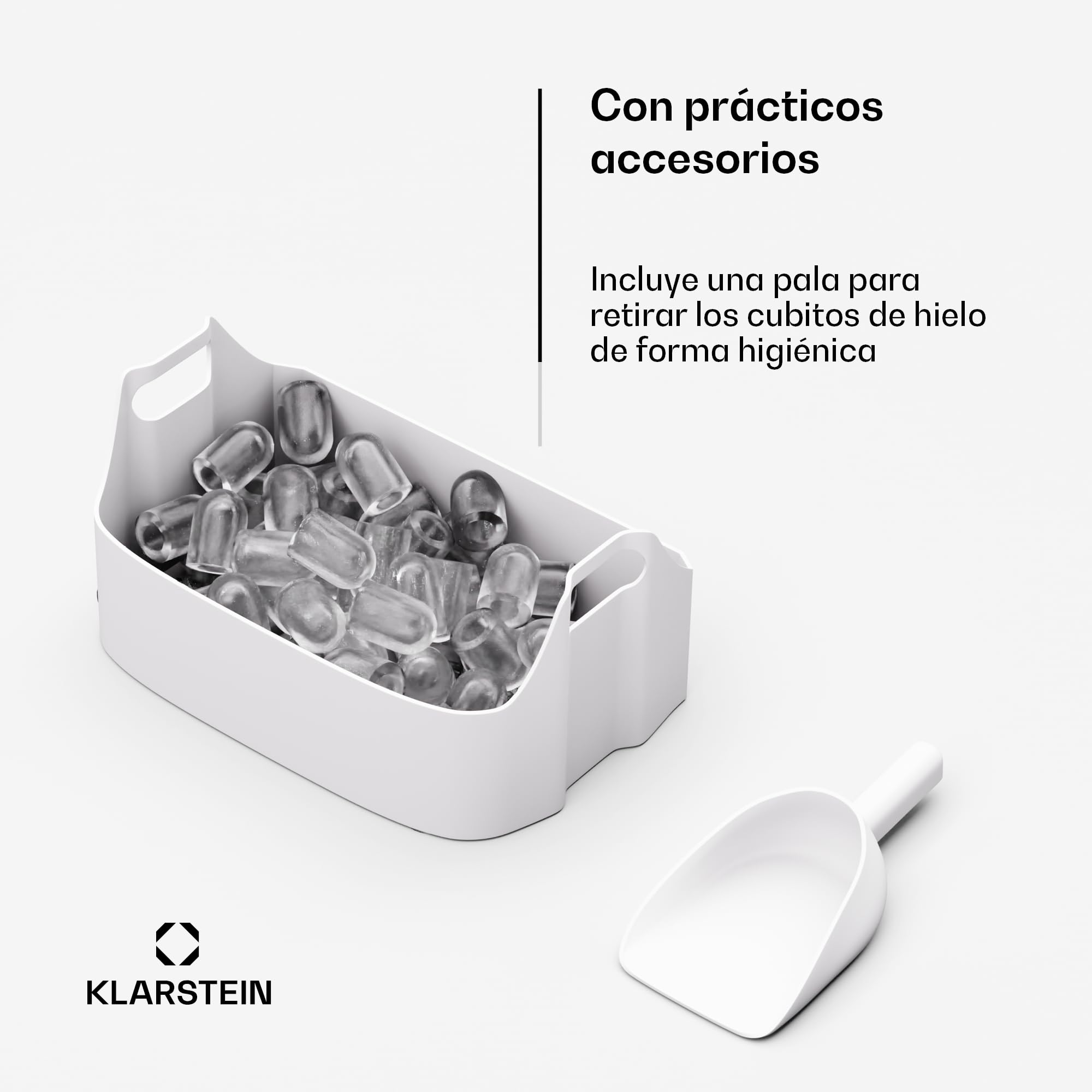 Klarstein SparkIce Máquina de hielo - 15 kg/día, 6 minutos, 2 tamaños de cubitos, panel táctil, limpieza automática, para casa y bar, incluye pala, blanco