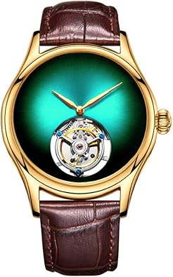 Men Tourbillon Skeleton Leopard Eye Pattern Dial Mechanical Manual Winding Watch Sapphire Crystal Vintage Double-Sided Hollow Waterproof Clock Man Luminous Leather Wristwatch