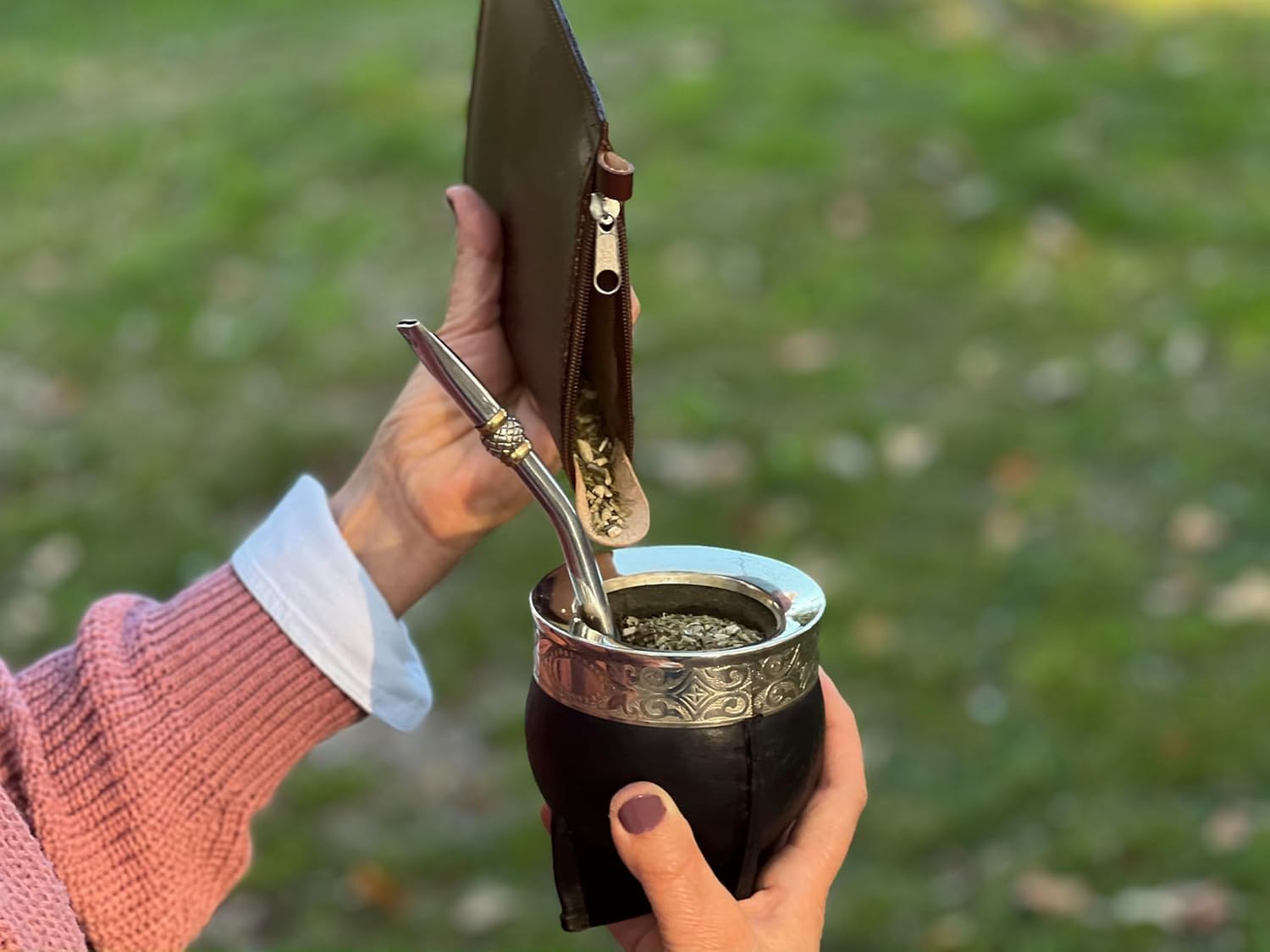 Yerba Mate Dispenser Bags, Handmade Artisanal Leather made, Compact Portable With Zipper, Travel Friendly Design, Versatile Container, From Argentina - 8.6 inche (Brown)