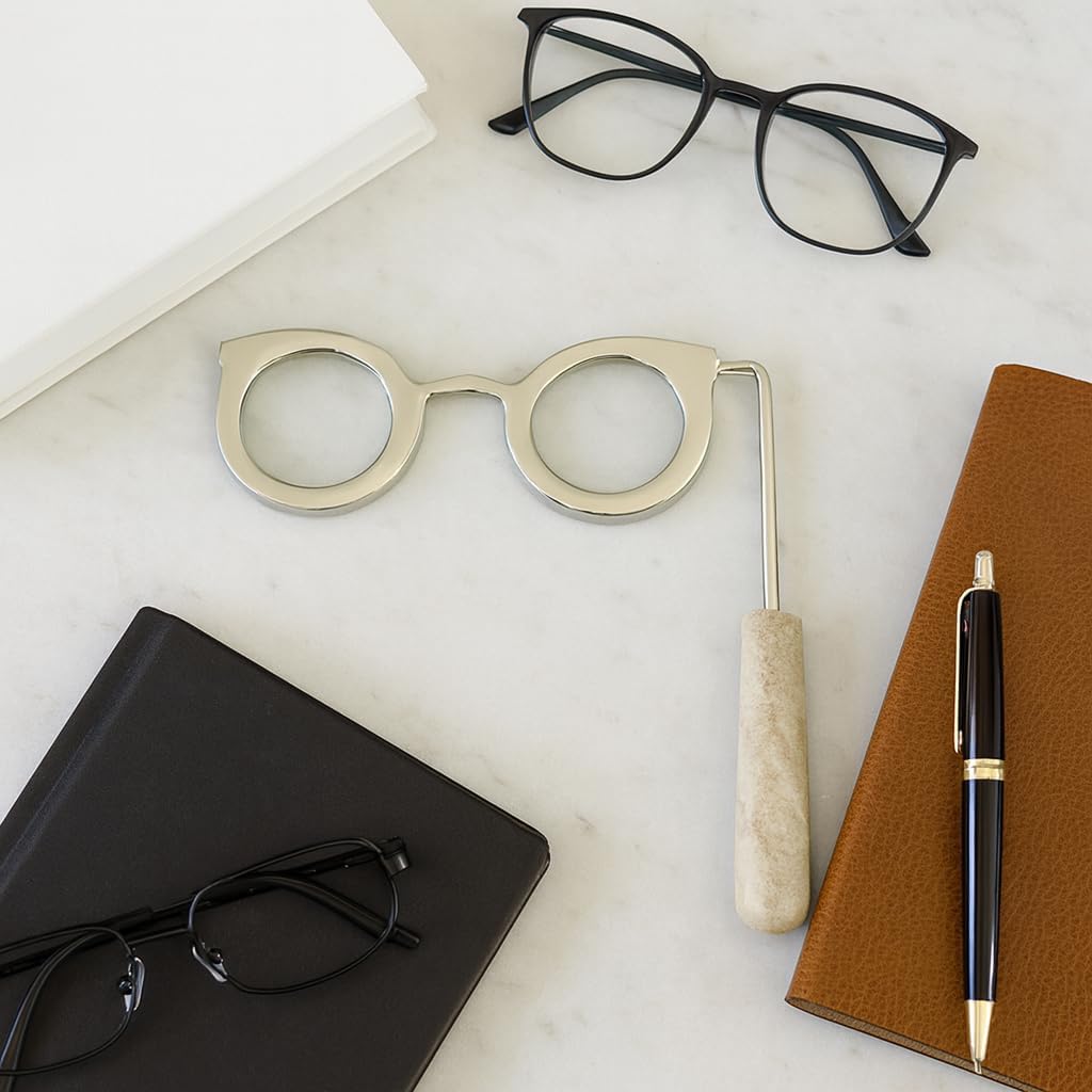 Modern Magnifying Glass in Eyeglass with Handle Design - Stylish Home Decor Accent for Shelf, Coffee Table, and Living Room Decor - Chic Ornaments Office, Room, and Bathroom Decor - 1", Silver & Gray