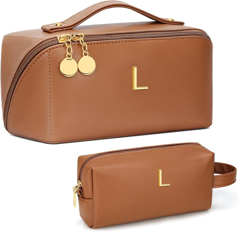KKXIU Necessaire de maquiagem com inicial, marrom, modelo L
