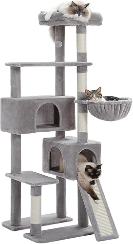 PAWZ Road Árbol para gatos, torre para gatos de 60 pulgadas con condominios dobles, percha espaciosa, cesta acogedora y postes rascadores para gatos
