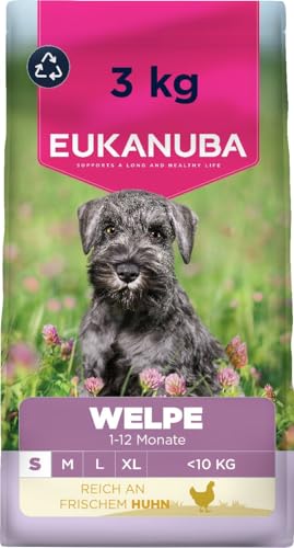Eukanuba Welpenfutter mit frischem Huhn für kleine Rassen, Premium Trockenfutter für Junior Hunde, 3 kg