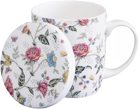 Sizikato Porcelain Mug with Lid, 10oz Bone China Milk Mug Coffee Mug, Colorful Floral Pattern