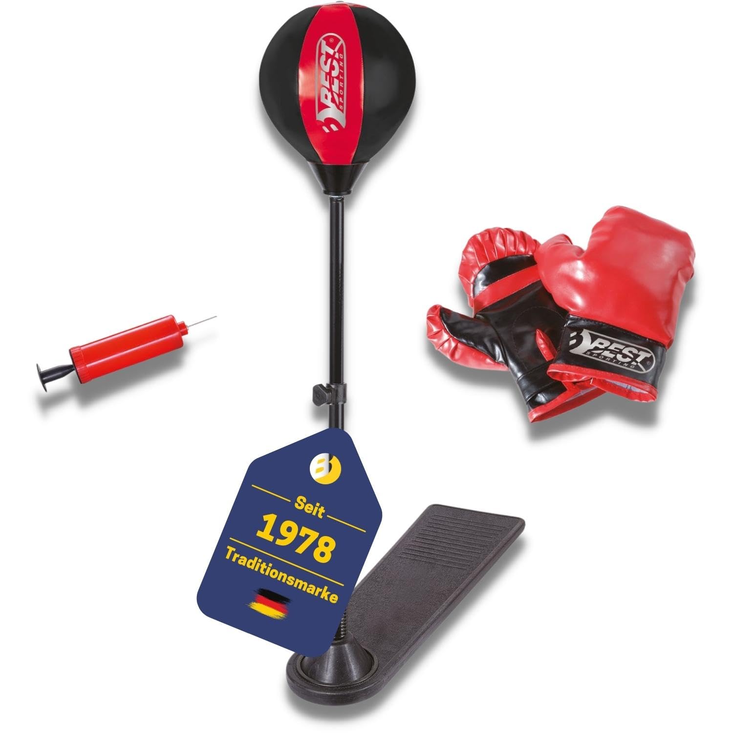 Best Sporting Punchingball Set für Kinder inkl. Standfuß + Boxhandschuhe + Minipumpe I Handschuhe 6 oz aus Kunstleder mit Stabiler Polsterung & Klettverschluss I Boxbirne höhenverstellbar