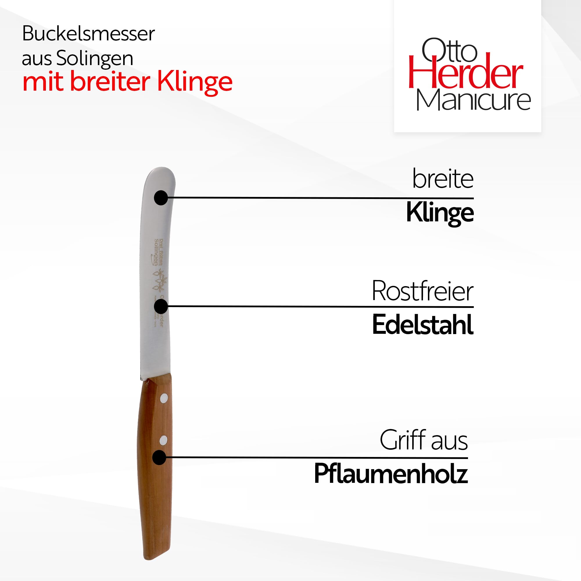 Otto Herder Buckelsmesser Solingen, Frühstücksmesser 22,5 cm, Brötchenmesser, breite Klinge aus Edelstahl rostfrei, mit Griff aus Pflaumenholz