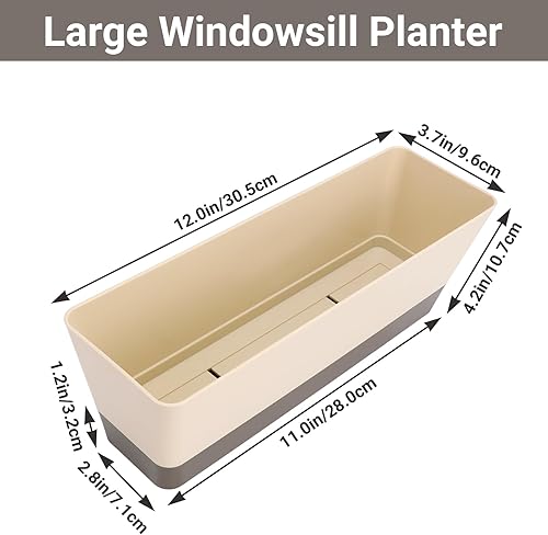 Miniatura 3 de Macetero para alféizar de ventana, 1 paquete de 12 x 3.8 pulgadas rectangular de hierbas con bandeja, moderna maceta de plástico para suculentas de
