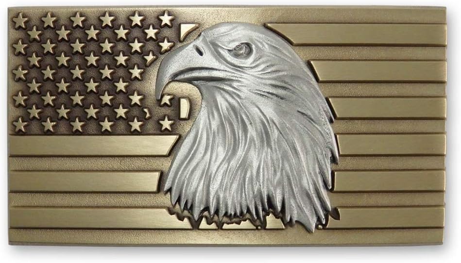 Indiana Metal Craft Solid Brass American Flag with Pewter Eagle Belt Buckle Made in USA