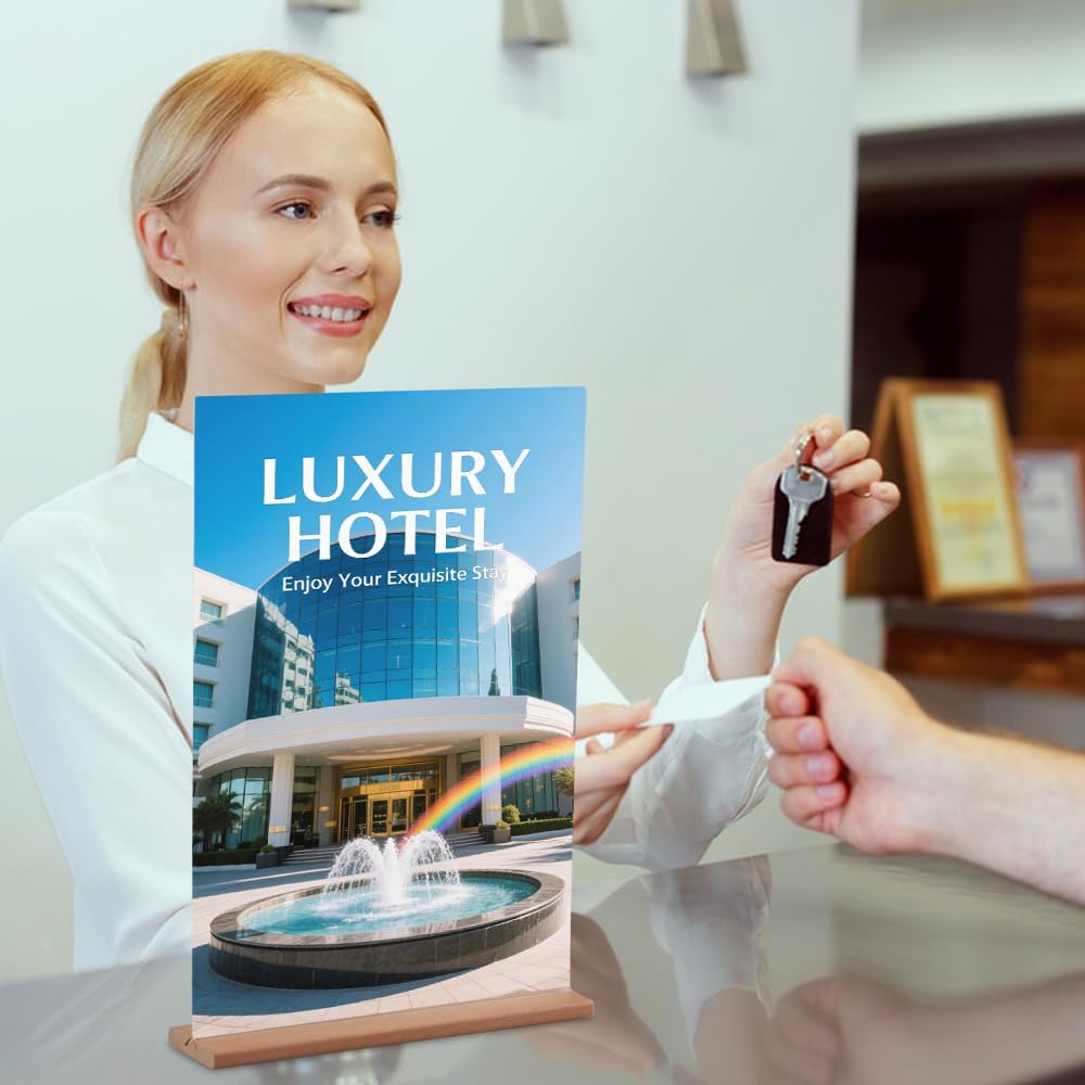 YunBey A4 Acrylic Sign Holder, Double-Sided Perspex Display Stand, Menu Holders for TablesSuitable for Restaurants, Bars, Offices, Stores, With Wooden Base (3123CM, 4 Pieces) - Image 3