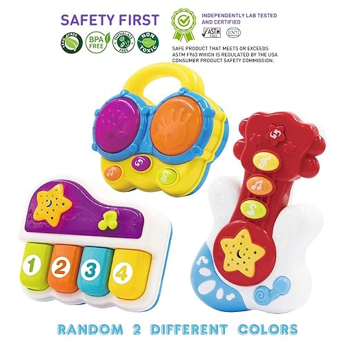 Miniatura 4 de Juego de 3 juguetes educativos portátiles (piano, batería bongo, guitarra) para aprendizaje de música y entretenimiento para edades de 6 meses a 4