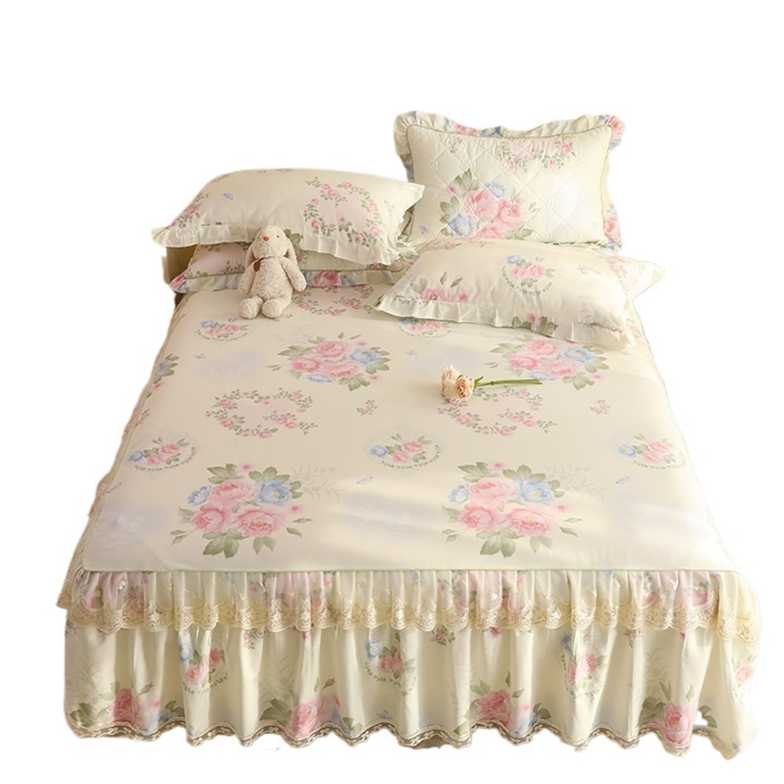 Ruffled Bed Skirt Ruffles Bed Skirt Floral Style Bedspread Soft Pure Cotton Cover Single/Queen/King Size Mattress Protector (No Pillowcase)(Z,SKing 200x220cm 1pc)