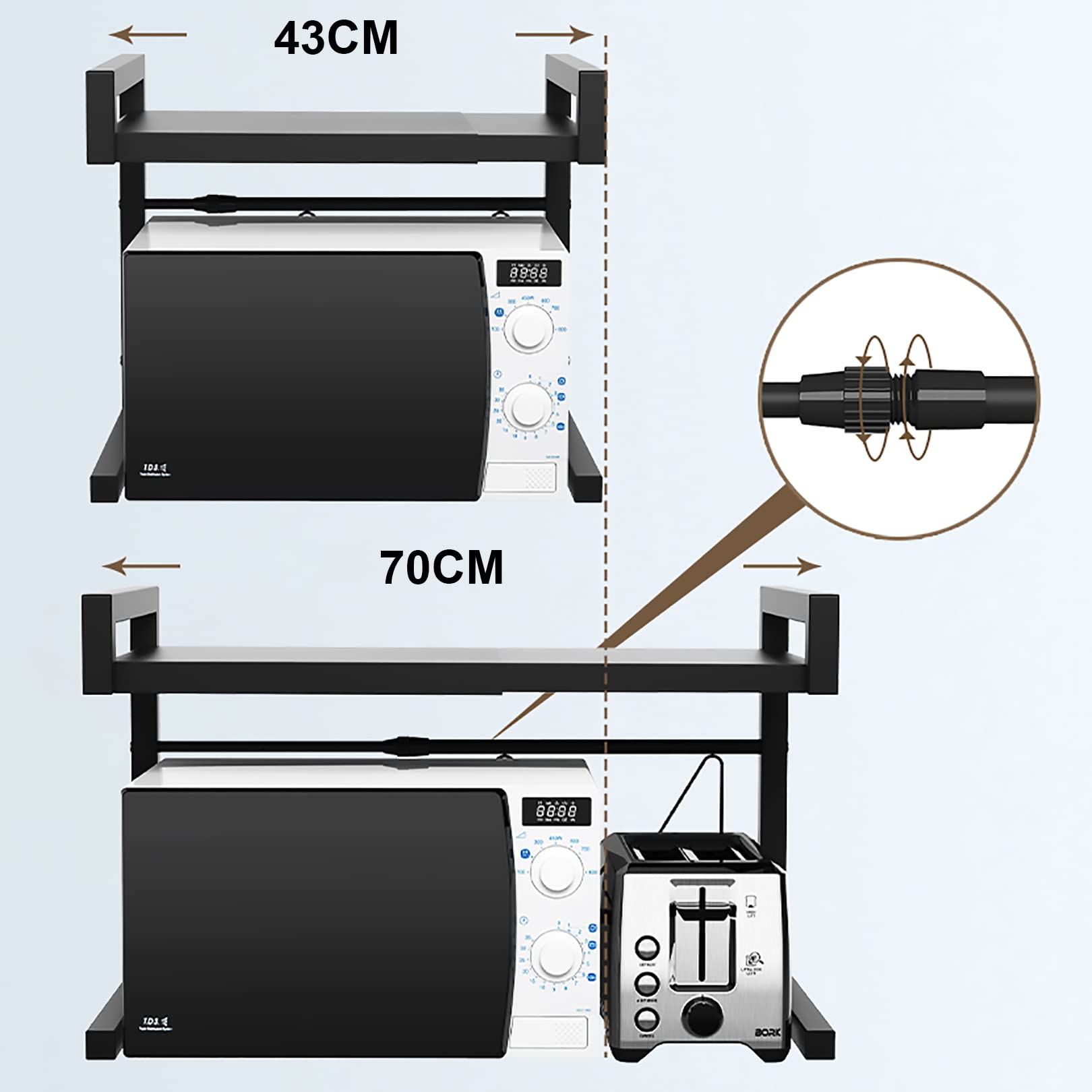 Soporte para microondas con 3 ganchos, acero al carbono, acabado mate, ancho ajustable de 43 a 70 cm, soporte de almacenamiento de vajilla para oficina en casa, color negro